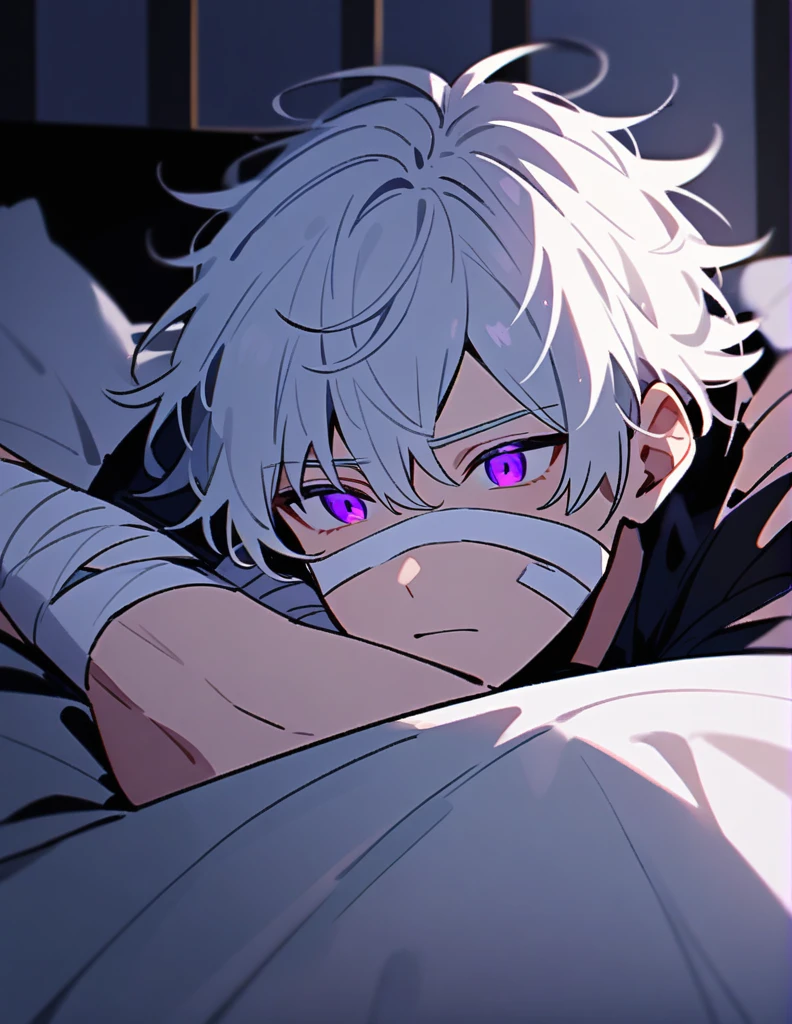 Greek boy with white hair, violet eyes, with some bandages on his face and arms, waking up in a large bed with black sheets in a room with dark decorations