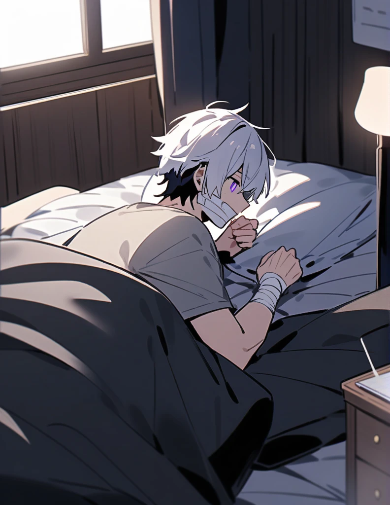 Anime couple lying on the bed with a cat on their back, A vampire white fox, He holds her, While she sleeps, Tumblr, he has dark gray hair, wipe, yay, depraved pose, anime white fox, anime A vampires, in pixive, 2b, 2 p, sad!, from Shingei, bite her lip, A vampire, dramatic scene