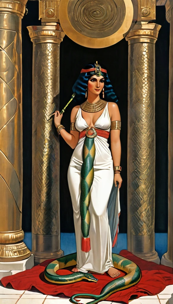 Femme de 30 ans, égyptienne, corps généreux , a l'Égypte antique, avec une très forte poitrine, a la peau de serpent, dans un temple égyptien, porte une robe rouge et maron couleur sable, moule le corps, vêtements transparent, femme avec de long cheveux raide noirs orné de nombreux bijoux, la femme est très enceinte de serpent, sa poitrine est gonflé de lait, la femme a des crochets de serpent visible lorsqu'elle sourit, la femme a des yeux doré a pupilles reptilienne, la femme et une femme serpent