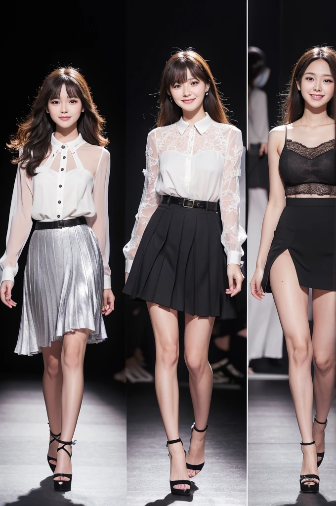 Amazingly large eyes、Smiling face、H cup bust、50cm waist、Slender and fair-skinned、Japan woman with long hair、20-year-old、Slim figure、Wearing a vivid colored, supple pleated skirt and a sheer lace blouse、Wearing high heels。On the runway at a fashion show、Her whole body was shown, from her high heels to her head, as she walked towards the viewer.、Bright, photo-quality images。