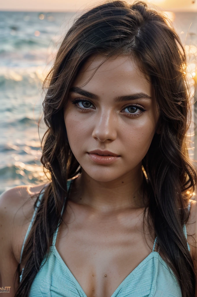 best quality, girl, hot girl, detailed face, beautiful detailed eyes, beautiful detailed lips, extremely detailed eyes and face, longeyelashes, beautiful woman, young woman, girl in bikini, beach, ocean, waves, sunset, golden hour, photorealistic, cinematic lighting, volumetric lighting, dramatic lighting, vibrant colors, warm color palette