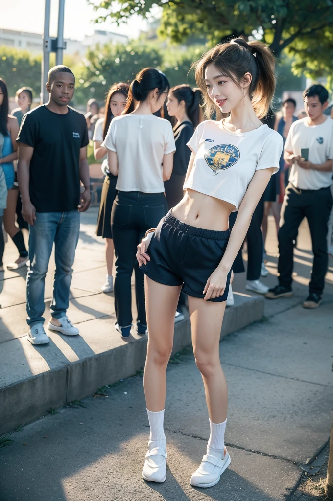 (((best quality))),(((ultra detailed))),(((masterpiece))),illustration,((1 beautiful girl,solo)),((slim,thin)),((small breasts,flat chest)), outside school gate, summer twilight, sunlight,(short ponytail:1.3),((white short-sleeved shirt)),((clavicalis,navel)),((navy blue sports shorts,slender legs,white socks,slippers)),animated face, excited eyes, sounds of laughter, chatter, excitement of summer vacation, air filled with energy, school gate golden glow, symbol of end of academic year, schoolyard transformed, reunion, farewells, embracing setting sun, face illuminated, moment captured, fleeting instant, essence of summer, carefree spirit, youthful exuberance, embodiment of season, sun dips, rosy glow, joy of living,promise of adventures,((standing,from front,full body)),(surrounded by crowded crowds:1.3)
