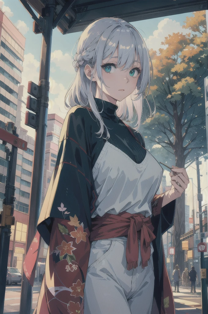 japan, highres, highest quallity, illustration, ultra detailed, (detailed face), (detailed eyes), soft lighting, best quality, hazy glow, dreamy atmosphere, hyper detailed, masterpiece, 1girl, solo, silver hair, green eyes, knitwear, luminous eyes, medium breasts, (colorful), cowboy shot, from below, outdoors, morning, clouds, tall buildings in background, industrial, public transportation, urban, concrete buildings, concrete, sidewalk, busy, trees, autumn, falling leaves,
