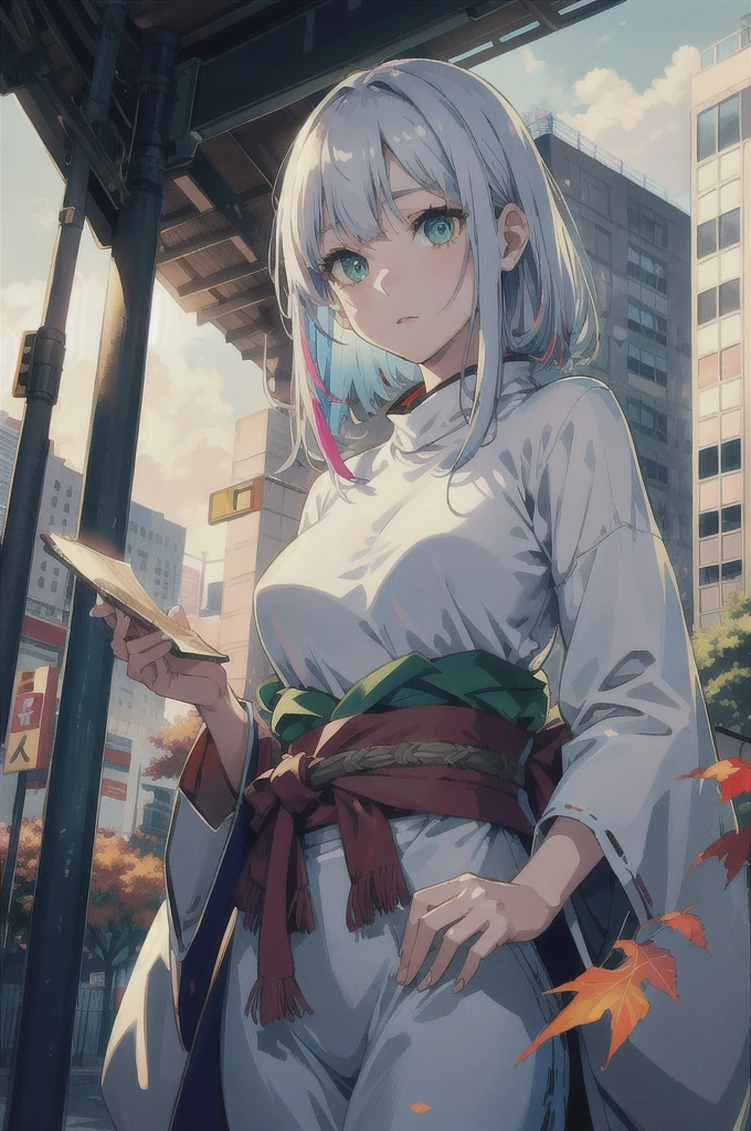 japan, highres, highest quallity, illustration,  ultra detailed, (detailed face), (detailed eyes), soft lighting, best quality, hazy glow, dreamy atmosphere, hyper detailed, masterpiece, 1girl, solo, silver hair, green eyes, knitwear, luminous eyes, medium breasts, (colorful), cowboy shot, from below, outdoors, morning, clouds, tall buildings in background, industrial, public transportation, urban, concrete buildings, concrete, sidewalk, busy, trees, autumn, falling leaves,