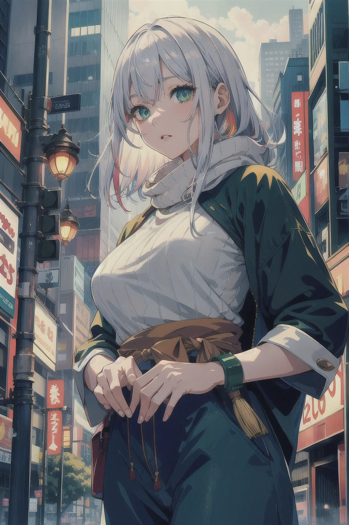 japan, highres, highest quallity, illustration,  ultra detailed, (detailed face), (detailed eyes), soft lighting, best quality, hazy glow, dreamy atmosphere, hyper detailed, masterpiece, 1girl, solo, silver hair, green eyes, knitwear, luminous eyes, medium breasts, (colorful), cowboy shot, from below, outdoors, morning, clouds, tall buildings in background, industrial, public transportation, urban, concrete buildings, concrete, sidewalk, busy, trees, autumn, falling leaves,