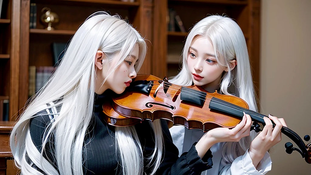 playing violin, 20 years old, long hair, fair skin, beautiful woman, rosian、white hair 、high quality,