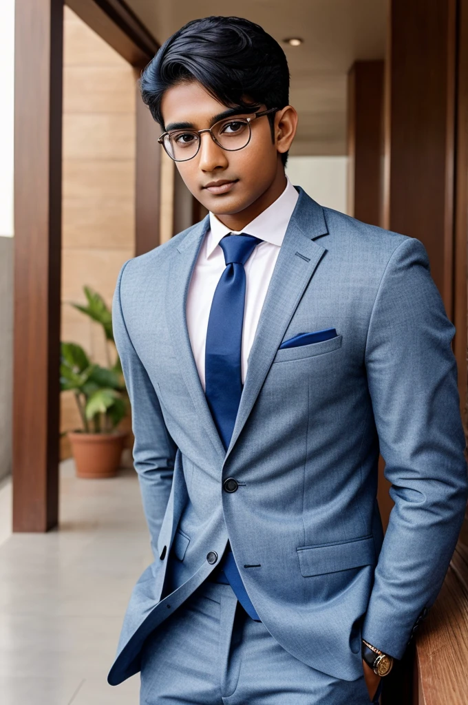 21 year old indian boy With fair skin Wearing spectacles and narrow body Posing for a linkedin picture in formals