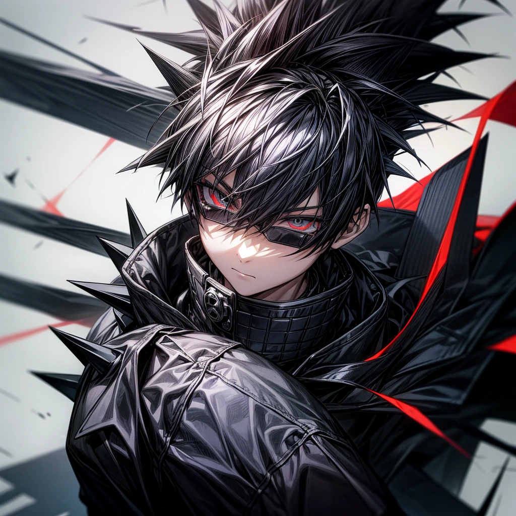 Create a boy who has a black jacket with black spiky hair, sunglasses and black headphones with spikes