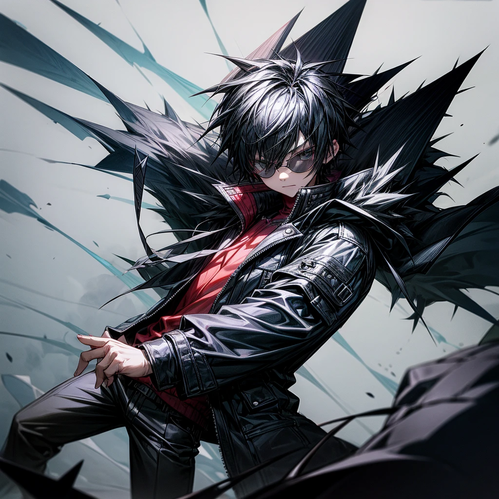 Create a 10 year old boy who has a black jacket with black spiky hair, sunglasses and black headphones with spikes
