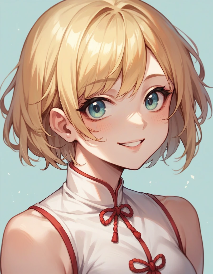 A beautiful Japanese woman with bright shiny blonde bob hair, a lovely smile, a small face, well-defined features, and a G-cup bust.