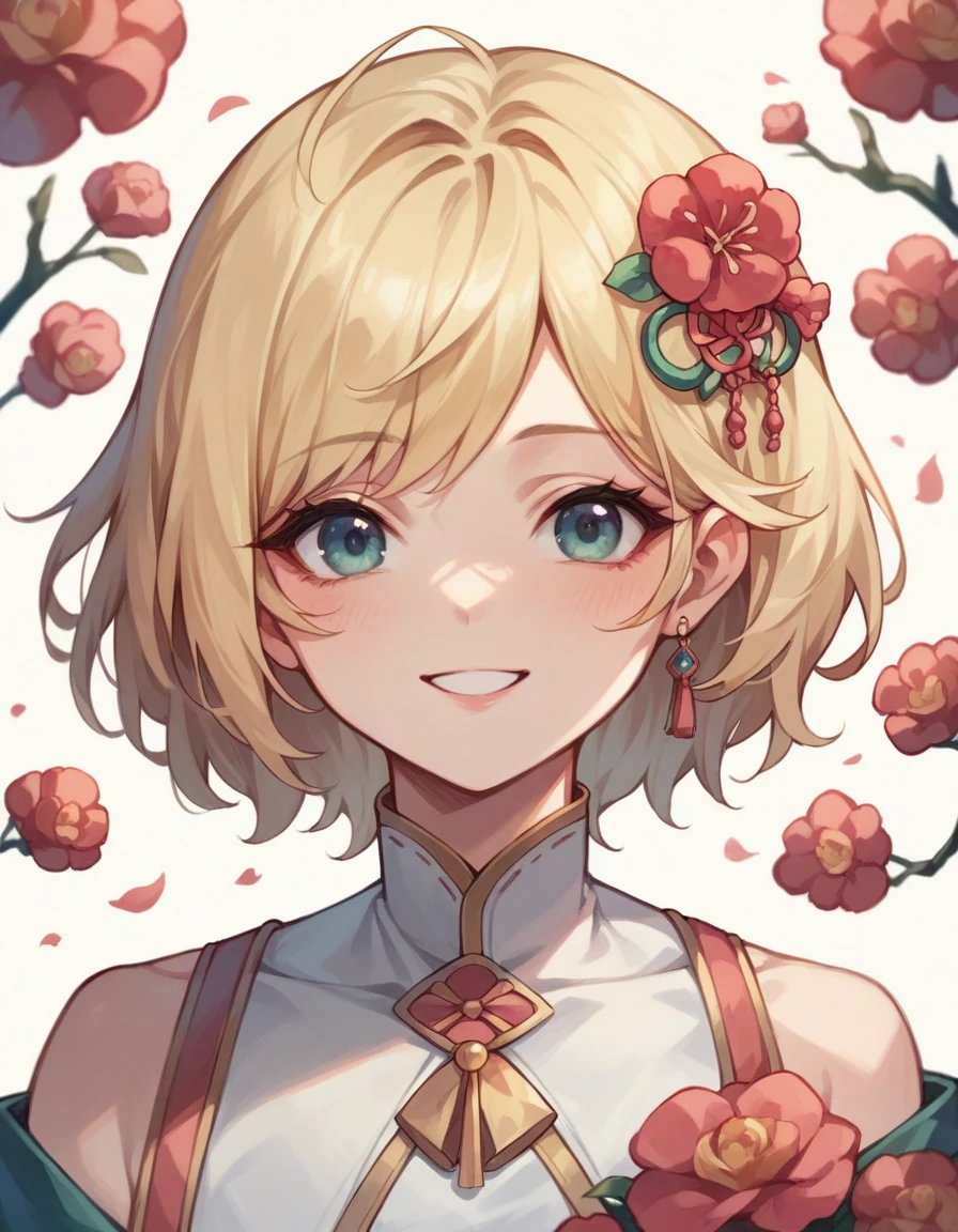 A beautiful Japanese woman with bright shiny blonde bob hair, a lovely smile, a small face, well-defined features, and a G-cup bust.