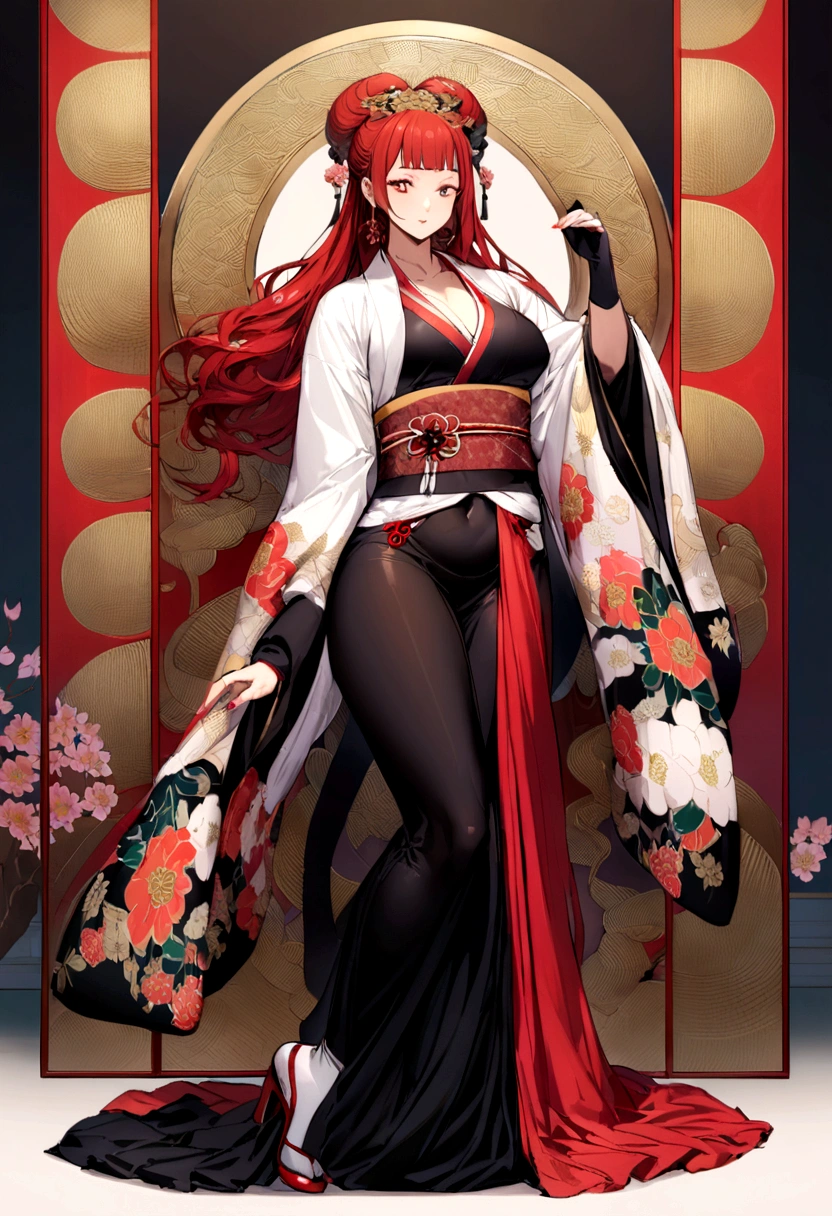 Man red hair protective muscular full body, dressed in tight clothing while a geisha poses next to her the woman wears a flowered kimono the woman