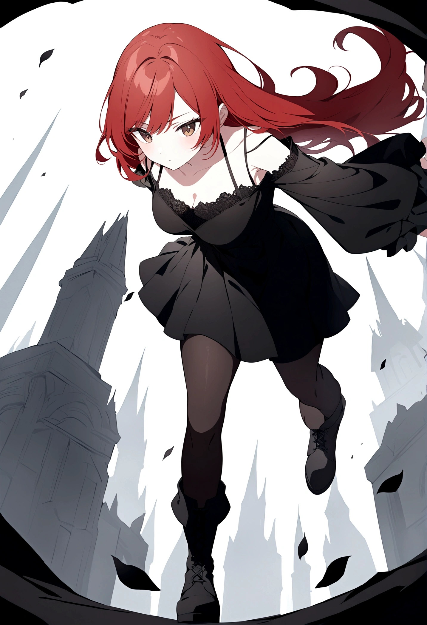 anime style girl with long reddish-red hair, brown eyes, fair skin, black eyeliner, with a black thin-strap blouse over a white blouse with medium sleeves and a black skirt with transparent black tights and black boots