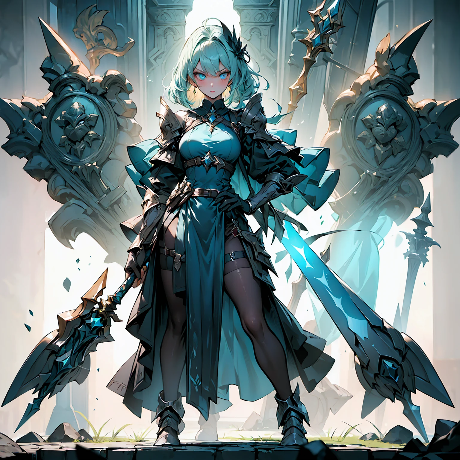 Design a layout showcase Gaming character, (1girl). Golden+Purle clothes, stylish and unique, ((showcase weapon:1.4)), magic staff, (masterpiece:1.2), (best quality), 4k, ultra-detailed, (Step by step design, layout art:1.5), (luminous lighting, atmospheric lighting), magican, ((glove full hands)), (((revealing clothes:1.3))), vambraces, armored legwear, (((full_body_shot:1.4)))