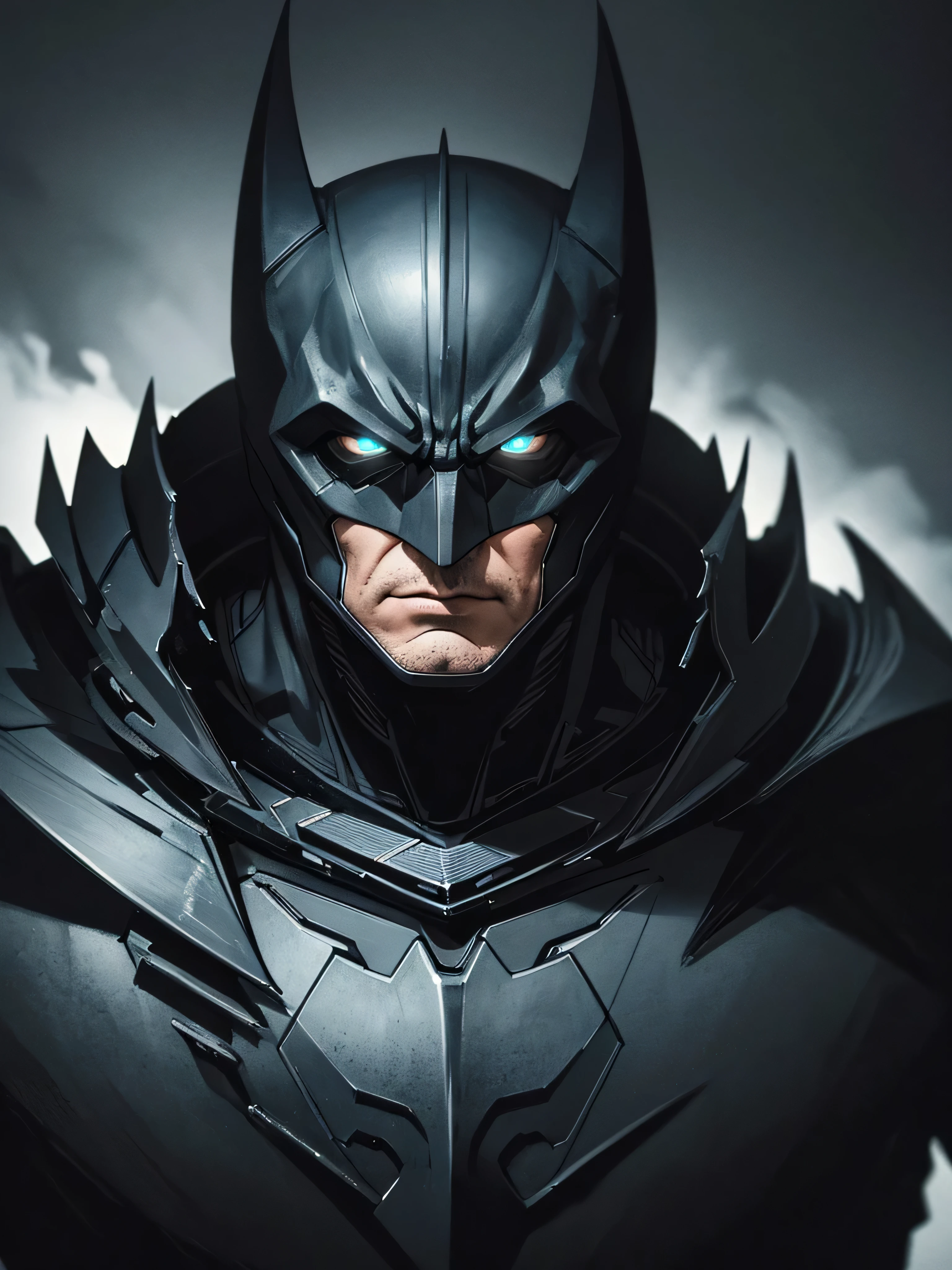 A detailed, highly realistic portrait of Batman, wearing a dark gray and black armored suit, cowl, and cape, with intense focus on his brooding expression, piercing eyes, and chiseled facial features, set against a dimly lit, moody Gotham City backdrop, dramatic shadows and highlights accentuating the character's stoic determination, a masterpiece of photorealistic quality, cinematic lighting, and dark, gritty atmosphere.