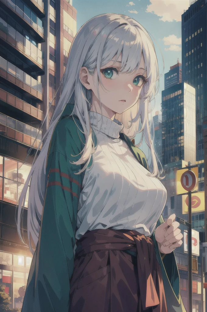 japan, highres, highest quallity, illustration,  ultra detailed, (detailed face), (detailed eyes), soft lighting, best quality, hazy glow, dreamy atmosphere, hyper detailed, masterpiece, 1girl, solo, silver hair, green eyes, knitwear, luminous eyes, medium breasts, (colorful), cowboy shot, from below, outdoors, morning, clouds, tall buildings in background, industrial, public transportation, urban, concrete buildings, concrete, sidewalk, busy, trees, autumn, falling leaves,