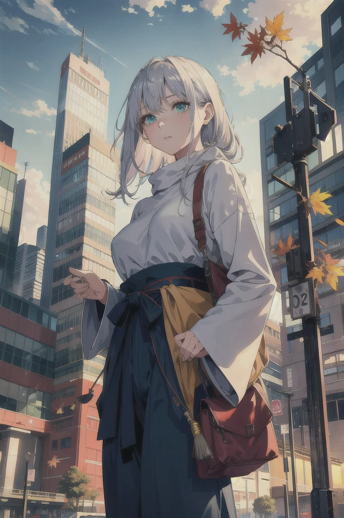 japan, highres, highest quallity, illustration,  ultra detailed, (detailed face), (detailed eyes), soft lighting, best quality, hazy glow, dreamy atmosphere, hyper detailed, masterpiece, 1girl, solo, silver hair, green eyes, knitwear, luminous eyes, medium breasts, (colorful), cowboy shot, from below, outdoors, morning, clouds, tall buildings in background, industrial, public transportation, urban, concrete buildings, concrete, sidewalk, busy, trees, autumn, falling leaves,