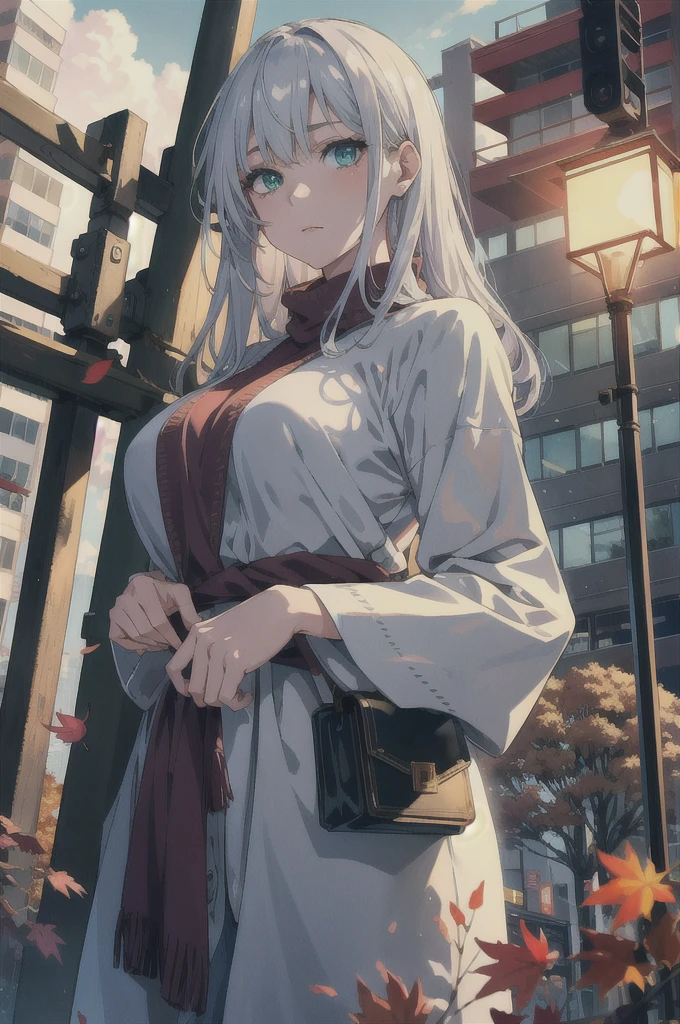 japan, highres, highest quallity, illustration,  ultra detailed, (detailed face), (detailed eyes), soft lighting, best quality, hazy glow, dreamy atmosphere, hyper detailed, masterpiece, 1girl, solo, silver hair, green eyes, knitwear, luminous eyes, medium breasts, (colorful), cowboy shot, from below, outdoors, morning, clouds, tall buildings in background, industrial, public transportation, urban, concrete buildings, concrete, sidewalk, busy, trees, autumn, falling leaves,