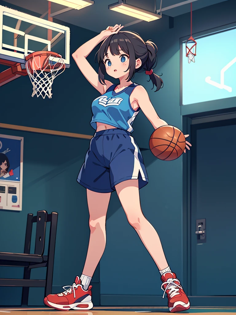 Highest quality、High resolution、Detailed Background、Beautiful Face、High detail、(Perfect Anatomy, Perfect Style)、(Detailed facial expressions)、(fine grain:1.2)、Teenage Beauty、(very wide shot:1.5, full body:1.4), One Girl、Elementary school students, Cute black hair、Braided Bob, Braided, clear, deep blue eyes、Braided Ponytail, Braided bob cut, Basketball game in the gym, jumping:1.5, dunking:1.5, Incredible jumping ability:1.5, Suspended in the air, ready to shoot:1.5, ((shoot from aero view:1.5, looking up)), (Bright red uniform:1.5, Blue Line, No sleeve:1.5, Red high-top basketball shoes)、(armpit:1.2), ((large breasts:1.2, pointy breasts:1.2, high breasts:1.2)), A player is about to smash a ball held in one hand into a basketball goal,