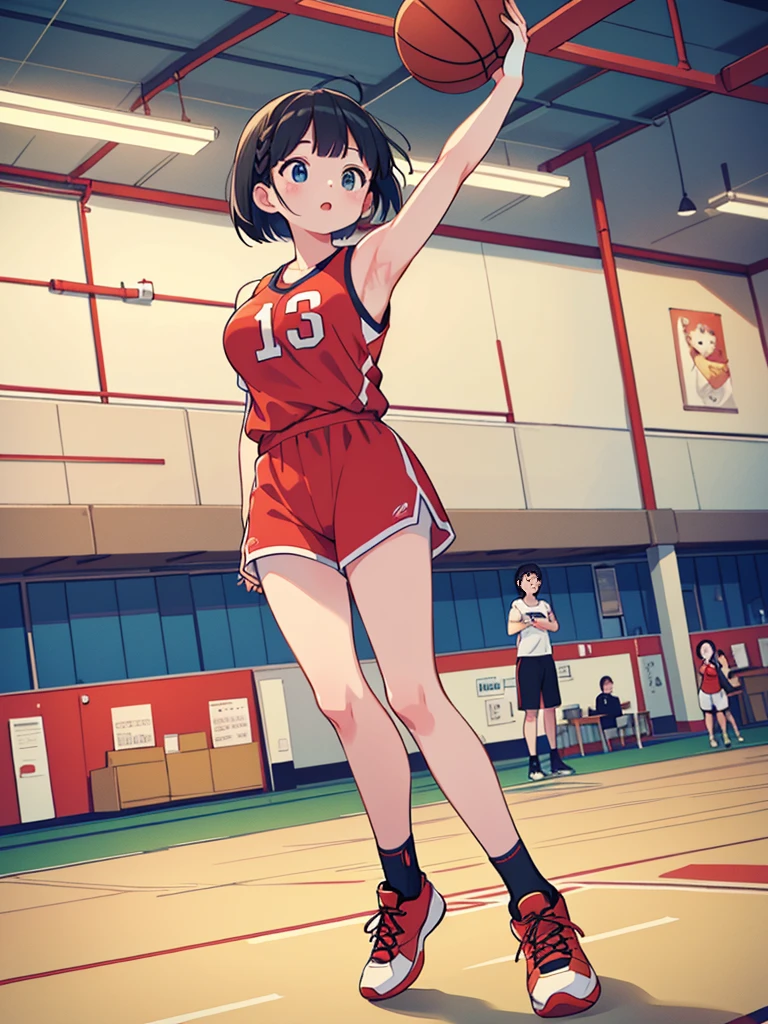 Highest quality、High resolution、Detailed Background、Beautiful Face、High detail、(Perfect Anatomy, Perfect Style)、(Detailed facial expressions)、(fine grain:1.2)、Teenage Beauty、(very wide shot:1.5, full body:1.4), One Girl、, Cute black hair、Braided Bob, Braided, clear, deep blue eyes、Braided Ponytail, Braided bob cut, Basketball game in the gym, jumping:1.5, dunking:1.5, brake, Incredible jumping ability:1.5, Suspended in the air in a shooting position:1.5, Incredible jumping power and long flight times, ((aerial view:1.5, shoot from side, looking up)), (Bright red basketball uniform:1.5, Blue Line、Same color above and below, No sleeve:1.5, Shorts, High-cut basketball shoes)、(armpit:1.2), ((large breasts:1.2, pointy breasts:1.2, high breasts:1.2)), Slam a basketball held above your head into the basket, The goal ring is 3m above the ground.