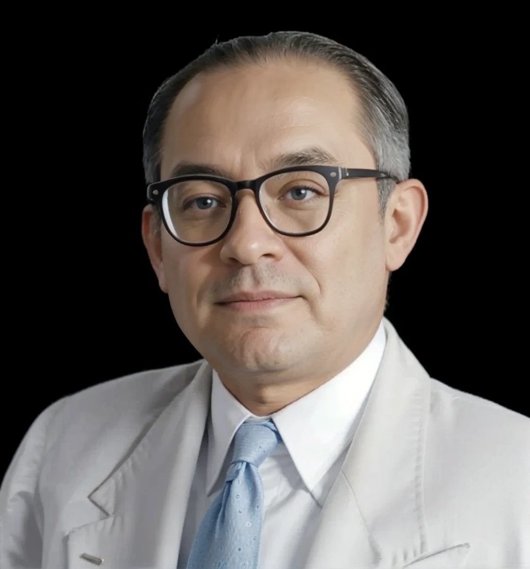 studio photo backdrop, father wears a white coat 