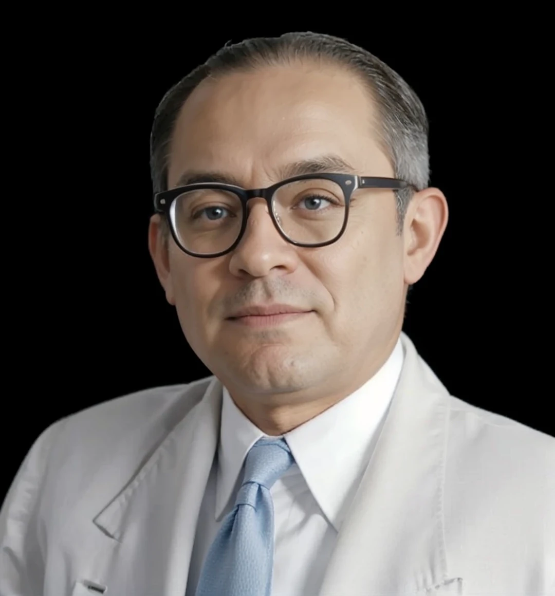 studio photo backdrop, father wears a white coat
