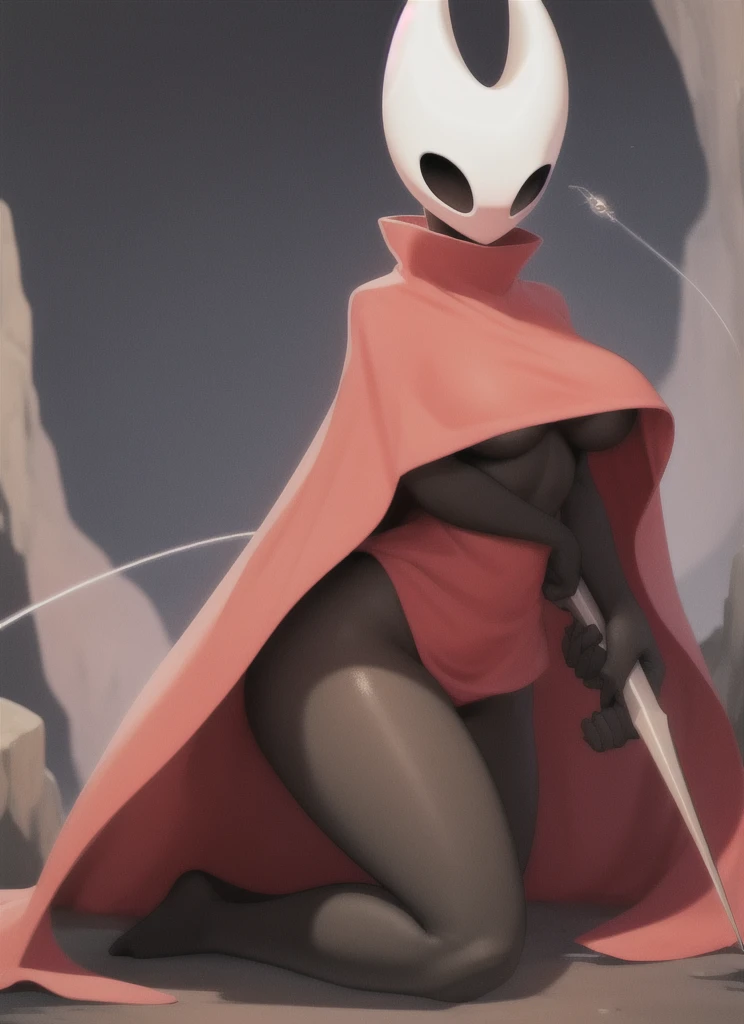 hornet, cute, chibi, no feet, furry girl, anthro, thread, On his knees, solo,beautiful sexy body, medium breasts, medium hips, open red cloak, (best quality), (detailed dark cave background:1.2), looking at viewer, holding weapon, flat colors, 