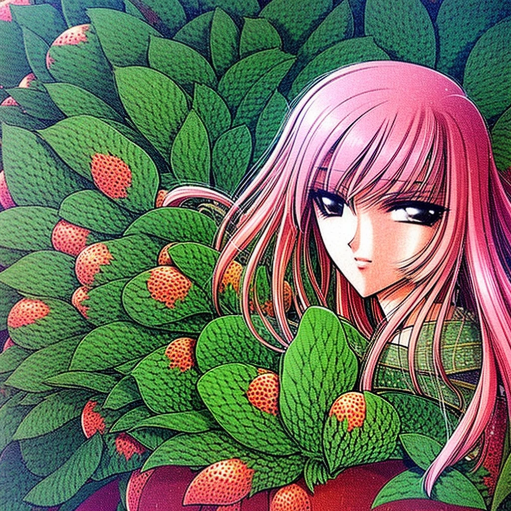 Create a high-quality anime girl character in the style of Code Geass (CLAMP) with pink hair and green eyes. She should embody a 'strawberry shortcake' aesthetic, wearing a detailed, fluffy dress adorned with intricate frills and realistic strawberries. Place her in a meticulously drawn garden filled with vibrant, ripe strawberries, where she is depicted joyfully picking them
