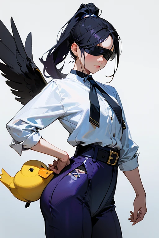 female realistic character with black hair tied with ponytail, white blouse with blue and black decoration, purple pants with white decorations and a black belt, she holding a brown duckling, the duckling with a little black hat and a blue outfit, She, I want a purple blindfold.