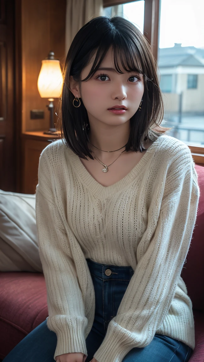 (Highest quality:1.4),(masterpiece:1.4),(Realistic:1.4),(Realistic:1.2),(超High resolution, RAW Photos:1.4),(High resolution, Very detailed:1.2),(8K:1.2),View your viewers,Cinematography,One Girl,skeletally correct，Black-haired woman，(Small earrings，necklace，Summer knitwear，View from the front),（Inside the Western-style building，Dimly lit room，The lamplight shines on my cheeks，Sit on the sofa）