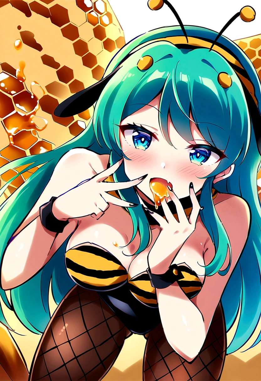 score_9, score_8_up, score_7_up, score_6_up, source_anime, 1girl, solo, lum, long hair, bangs, green hair, blue eyes, tiny horns, aqua hair, eyeshadow, hairband, antennae, bee costume, black leotard, wrist cuffs, fake insect wings, fishnet pantyhose, apiary, background of many beehives, whole mouth filled with honey, licking honey from fingers, look at viewer, medium breasts, blush, fang, perfect fingers, 5 fingers, perfect hands, (horny), (flirtatious look),