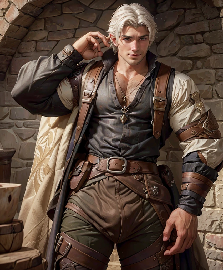 (((Luxurious white hair and sexy smirk.))) (((18 years old.))) (((18yo.))) (((Cute smirk.))) (((Single character image.))) (((1boy))) (((Looks like beefcake male fantasy character.))) (((18 years old.))) (((18yo.))) (((Dressed in medieval fantasy attire.))) Cute guy. Hot guy.  (((Looks like Adonis.))) (((Dressed in medieval fantasy attire.))) (((Intense, sexy stare.))) (((Beautiful long sexy black hair.))) Looks like a fun-loving and heroic male adventurer for Dungeons & Dragons. Looks like a very attractive male adventurer for a high fantasy setting.  (((Looks like an attractive medieval artisan))). Looks like a handsome male for a medieval fantasy setting. Looks like a Dungeons & Dragons adventurer, very cool and masculine hair style, black clothing, handsome, charming smile, adventurer, athletic build, excellent physique, confident, gorgeous face, gorgeous body,  detailed and intricate, fantasy setting,fantasy art, dungeons & dragons, fantasy adventurer, fantasy NPC, attractive male in his mid 20's, ultra detailed, epic masterpiece, ultra detailed, intricate details, digital art, unreal engine, 8k, ultra HD, centered image award winning, fantasy art concept, digital art, centered image, flirting with viewer, best quality:1.0,hyperealistic:1.0,photorealistic:1.0,madly detailed CG unity 8k wallpaper:1.0,masterpiece:1.3,madly detailed photo:1.2, hyper-realistic lifelike texture:1.4, picture-perfect:1.0,8k, HQ,best quality:1.0,

 best quality:1.0,hyperealistic:1.0,photorealistic:1.0,madly detailed CG unity 8k wallpaper:1.0,masterpiece:1.3,madly detailed photo:1.2, hyper-realistic lifelike texture:1.4, picture-perfect:1.0,8k, HQ,best quality:1.0,


