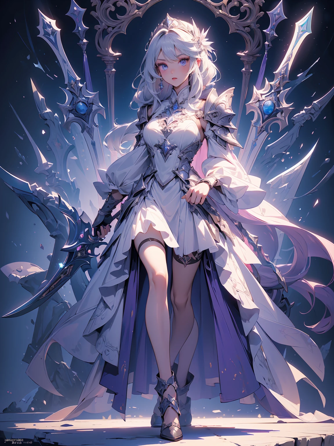 (((masterpiece, best quality, high detailed, 8k))) Design a layout showcase Gaming character, (1girl). Purple|Silver clothes, stylish and unique. ((showcase weapon:1.4)), magical orb. (masterpiece:1.2), (best quality), 4k, ultra-detailed. (Step by step design, layout art:1.5), (luminous lighting, atmospheric lighting). sorceress, ((glove full hands)), (((revealing clothes:1.3))), vambraces, armored legwear, (((full_body_shot:1.4))). {In an enchanted castle}.