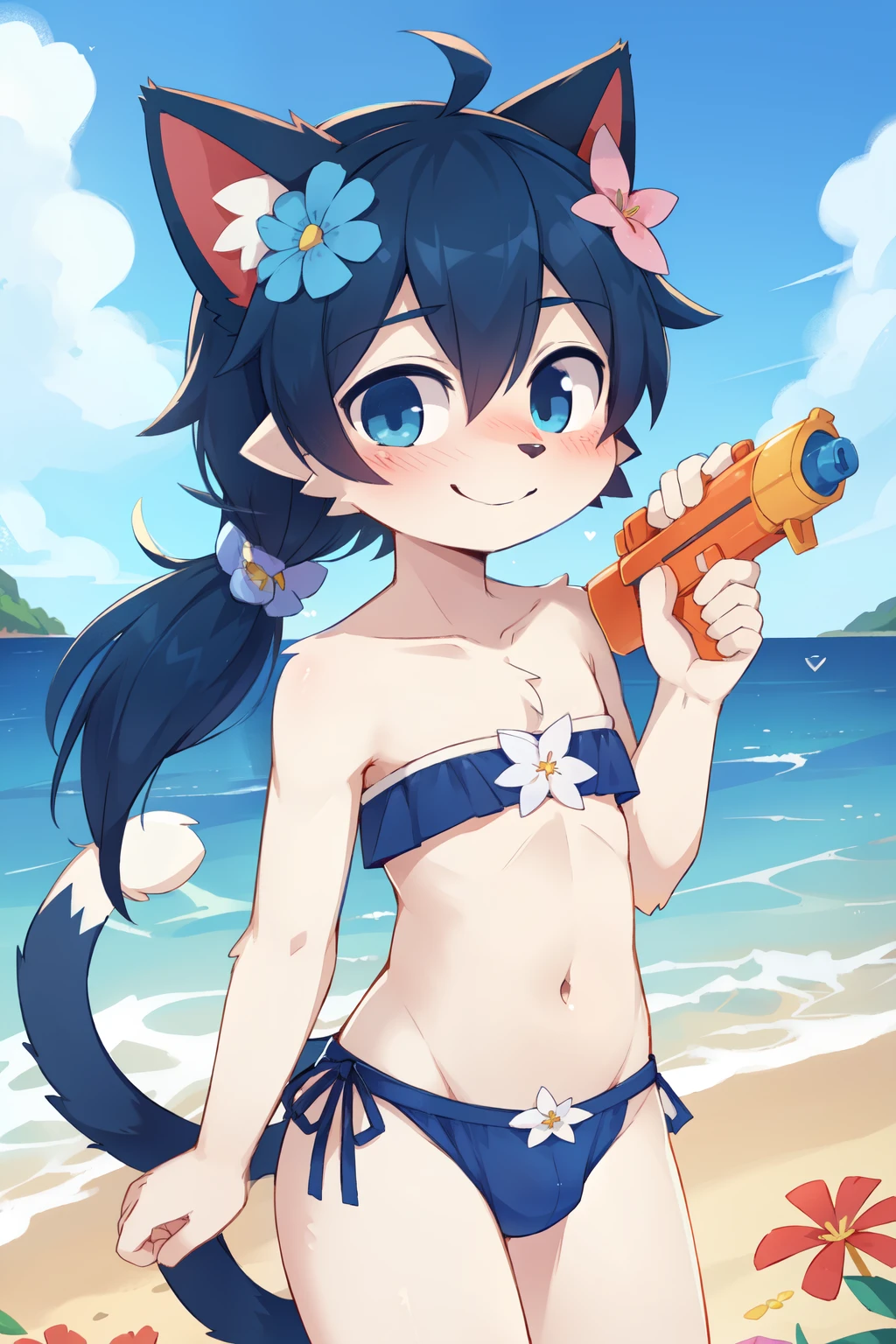 score_9,score_8_up,score_7_up, source_cartoon, source_furry, cat boy, cat tail, dark blue hair, hair over one eye, high long ponytail with volume,spike side hair, furry, blush, looking at viewer, smile, 1boy, cat ears, furry male, white body fur, ((flower on hair, dark blue strapless fringed bandeau bikini)), beach, clear sky, blue eyes, blush, navel, femboy, looking at viewer, standing, holding a water gun,