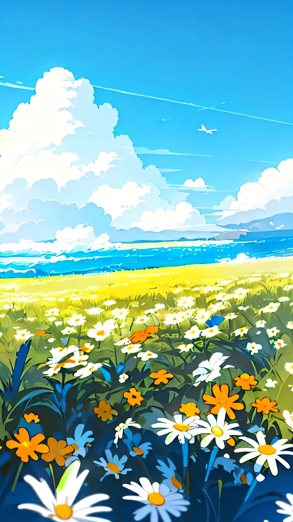 No humans, outdoor, flower, landscape, site, sky空, white flower, sky, horizon, ocean, flower site, yellow flower, colorful flowers, blue sky空, daisy, landscape, cloud, water, (illustration:1.0), masterpiece, best quality,