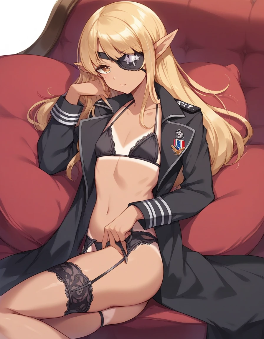 BREAK Perfect Anatomy、(High resolution:1.2)、Incredible illustrations、(Cute illustrations:1.2)、（Beautiful background）(nsfw) (Beautiful background,(on the couch))1gial((blonde hair,shiny hair,hair intakes:1.8,wavy long hair)(cockslut) (Black coat,Gothic combat uniform,Silk Sexy Lingerie,slut,garter straps,pointy ears,bikini tan:1.7),eyepatch:1.8,oversized clothes) ),,(a girl,  1.5meters, 40kg),,17-year-old,flat chest）(oversized clothes))