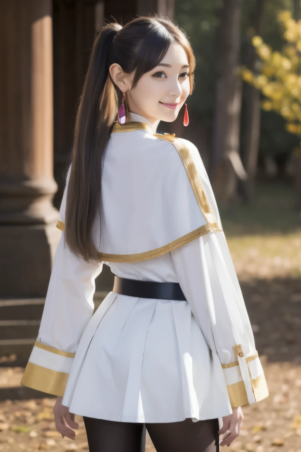 (masterpiece), Highest quality, High resolution, Very detailed, Perfect lighting,
thank you, Long Hair, Gray Hair, Twin tails, Pointed Ears, Earrings, Green Eyes, Thick eyebrows, White capelet, Striped shirt, Long sleeve, belt, White Skirt, Black Pantyhose , Cowboy Shot,smile,
(Put your hands behind your back:1.1),