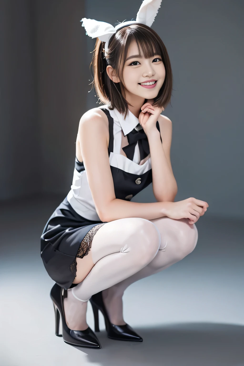 Realistic、Bunny girl in maid clothes:1.5，Wearing black tights:1.5，The best smile:1.5，Full Body Shot:1.5，Gray background:1.5，Wearing black high heels:1.5，Sidewave shorthair:1.5，squat:1.5