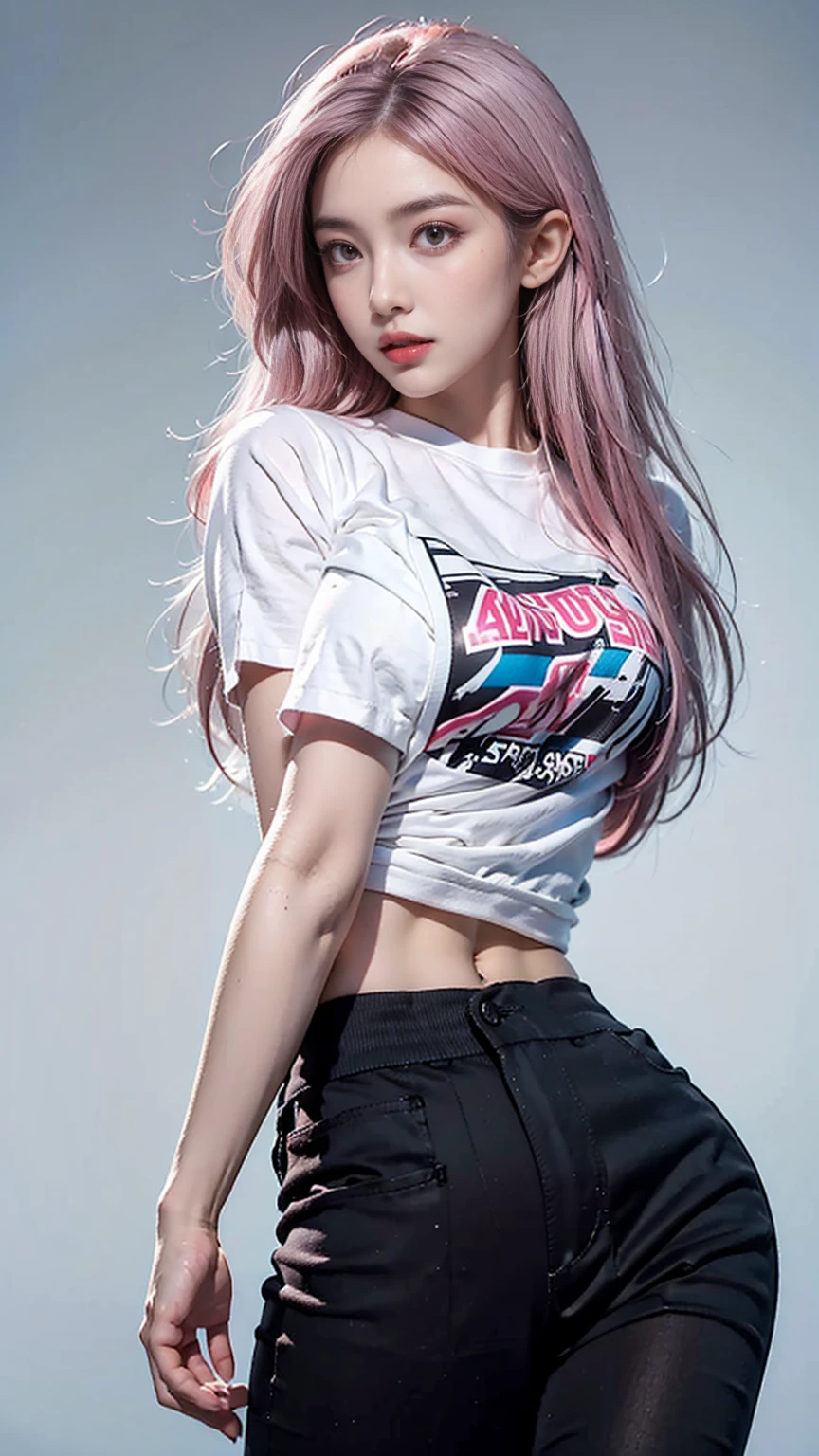 lifelike, high resolution, 1 female, Glowing skin, Solitary, Jewelry, Pink lips, long（Colored hair） blue eyes, shut your mouth, Hips up, Grey short sleeves, Open belly, Black short, Streetwear
