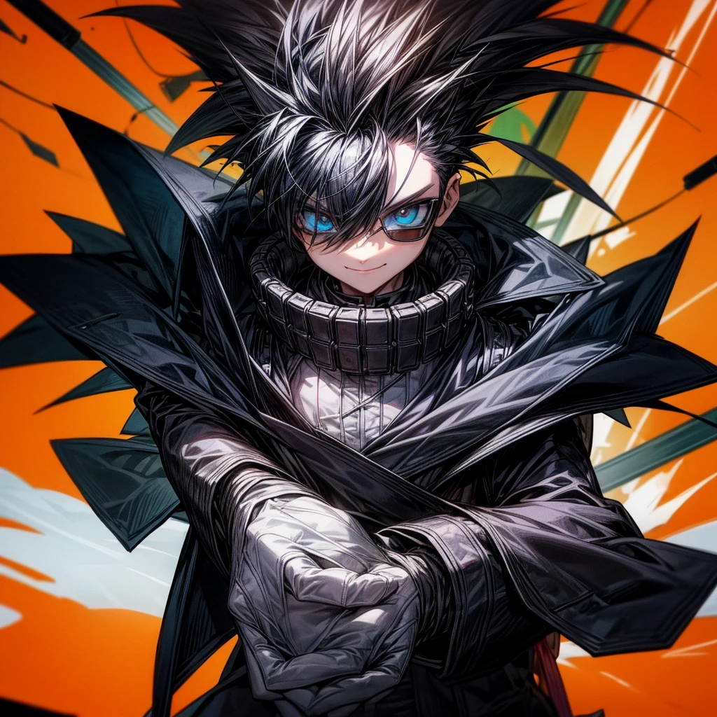 Create a boy, a who has a black jacket with black spiky hair, not too spiky nor too big, sunglasses and black headphones with spikes and is giving a very nice smile