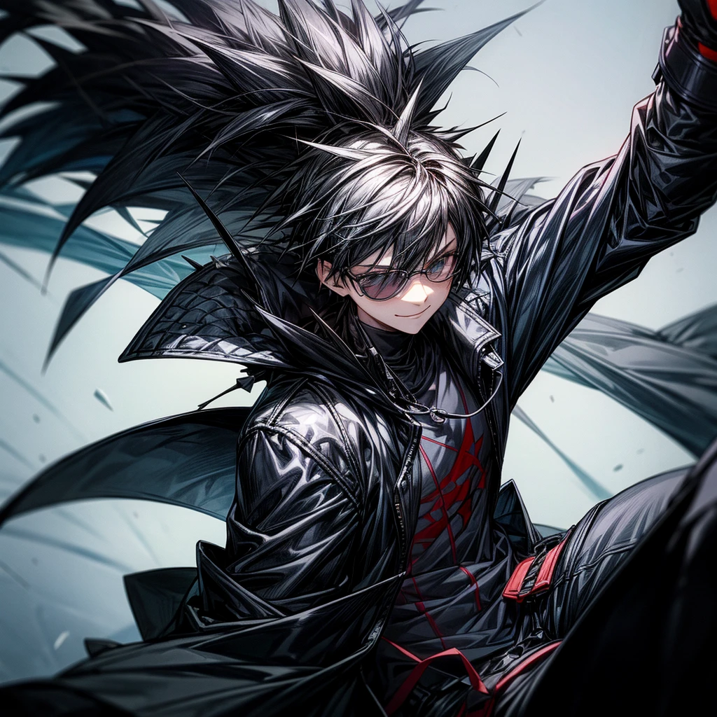 Create a boy, a who has a black jacket with black spiky hair, not too spiky nor too big, sunglasses and black headphones with spikes and is giving a very nice smile