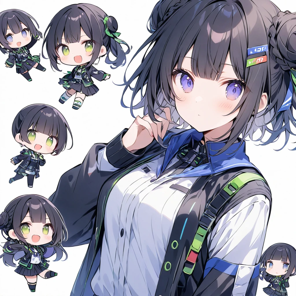 score_9, score_8_up, score_7_up, score_6_up, score_5_up, score_4_up, (White background),(Chibi Character:1.4) Third class、solo,full ボディ、Bun hairstyle 、blunt bangs