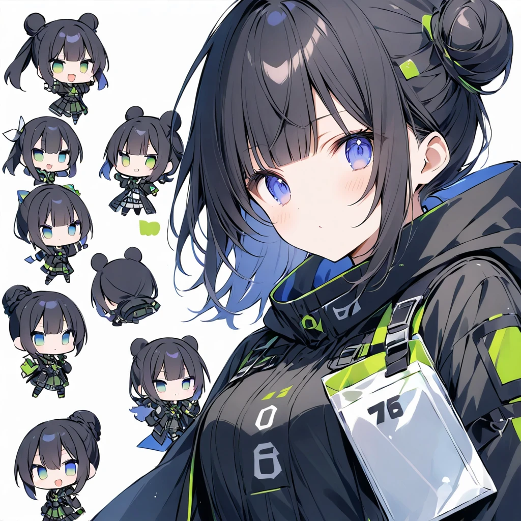 score_9, score_8_up, score_7_up, score_6_up, score_5_up, score_4_up, (White background),(Chibi Character:1.4) Third class、solo,full ボディ、Bun hairstyle 、blunt bangs