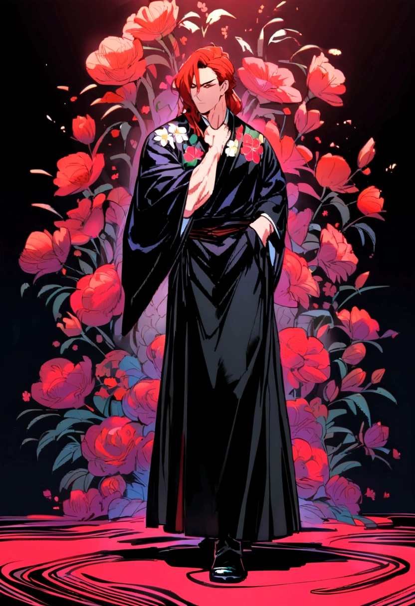 Man red hair muscular full body, black clothing dress posing. ((( And at his side ))) while a geisha poses next to him, the woman wears a flowered kimono, the woman