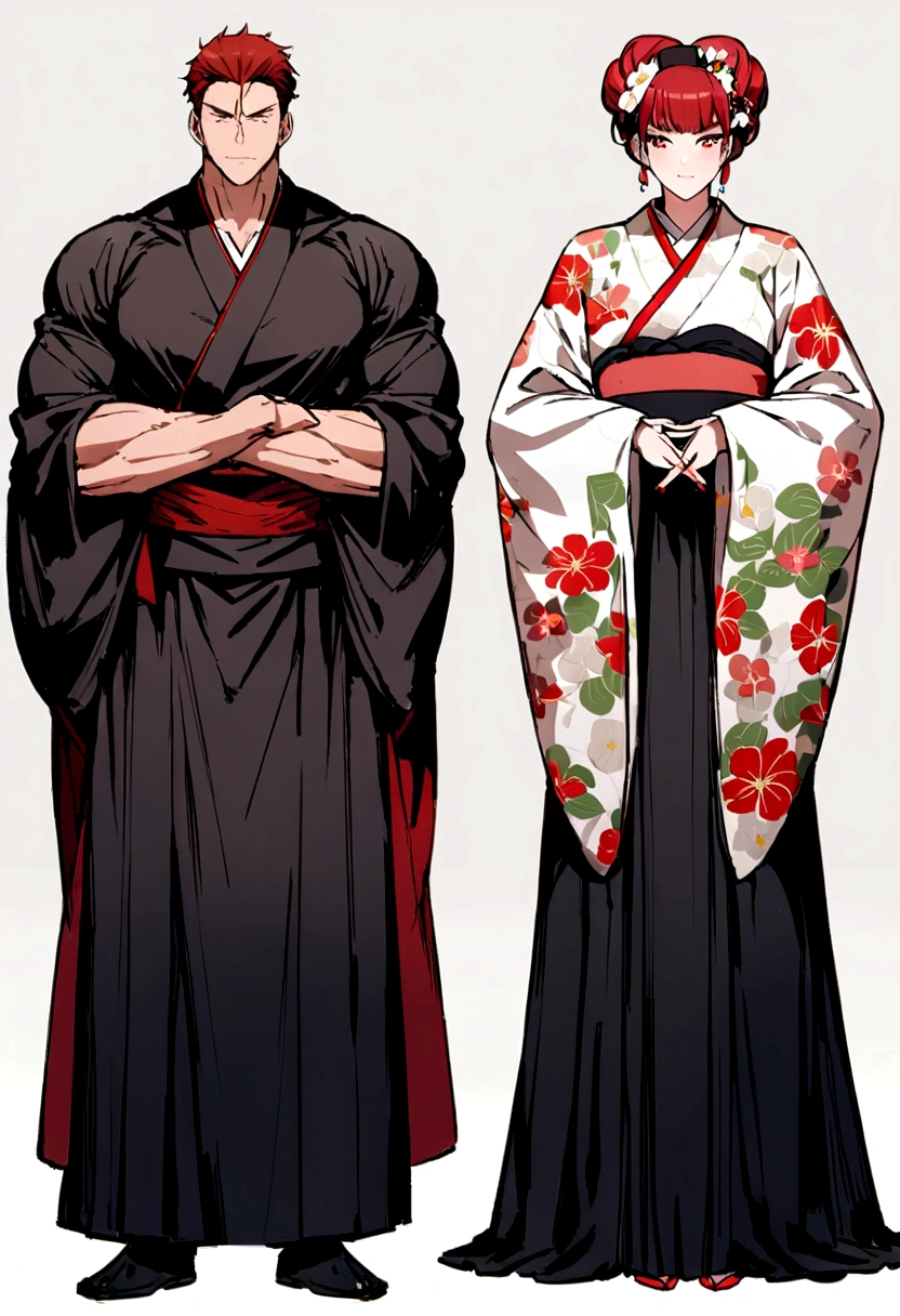 Man red hair muscular full body, black clothing dress posing. ((( And at his side ))) while a geisha poses next to him, the woman wears a flowered kimono, the woman 