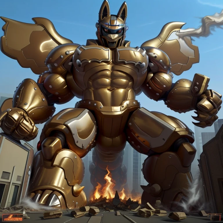 (situation 1 : dominating Shiny_Mega_Lucario. Shiny_Mega_Lucario is over 1000 meters long. focus GIANT mechanical Muscular Shiny_Mega_Lucario is trampling the city. Looking down. macro. stomp. Low-angle perspective. emphasizing the immense size.)
(situation 2 :smoke and flames rising from the destruction in the city)
(Additional details 1: wearing a full-face helmet. golden armor. Armored Flazzard. Armored_Flazzard. high-tech bio-mecha armor. real texture material. whole body shines like metal. Wearing cyberpunk mecha. emphasizes the muscles. suit fully made of metal. intricate armor. Robotic suit. suit fully made of metal. cyborg. He is wearing a golden cloak.).
(Additional details 2: (Detailed head. Detailed Body. Detailed abs. gigantic muscles. HYPER MUSCLES. Gigachad Muscular. big muscle. pecs. triceps. traps. unusually developed muscular body. body full of huge muscles. showing off muscles. pectorales enormes. Exaggeratedly huge muscles. huge muscles. long legs.).
(Additional details 3: Spread wings. It has wings. have big wings. The claws are sharp. Sharp teeth).
(Additional details 4: golden hyper penis. hyper golden penis. big penis)