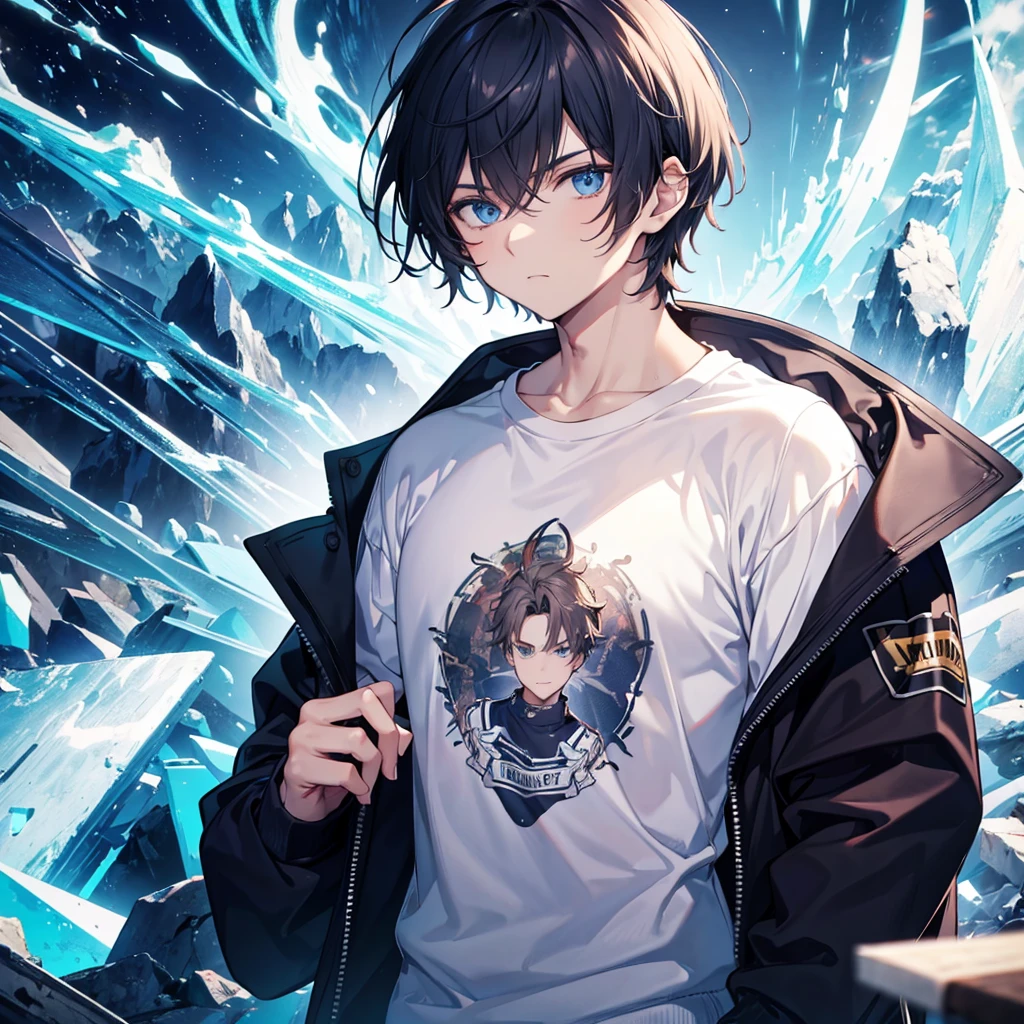 Male human, hair like ice, wearing a t-shirt and sweater, 18 years old, cool, arrogant and stylish