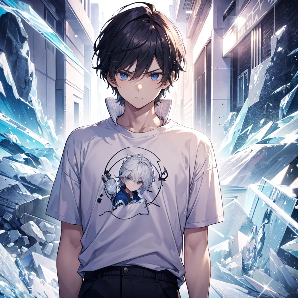 Male human, hair like ice, wearing a t-shirt and sweater, 18 years old, cool, arrogant and stylish