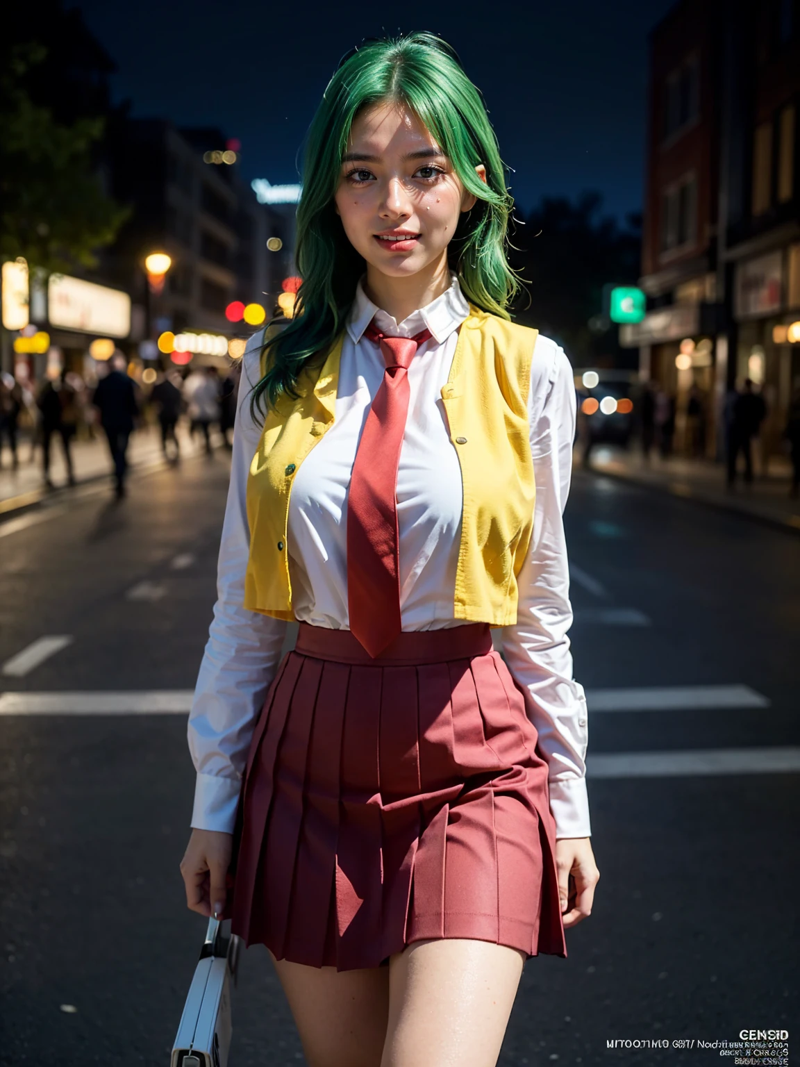 (1 lady), (Best quality at best:1.4), (ultra - detailed), (extremely detailed CG unified 16k), A Beautiful Woman with Perfect Figure: 1.4, Sharp Focus: 1.2, very detailed, High-definition RAW color photo, professional photoshooting, amazing face and eyes, cosmetics, (amazingly beautiful girl), ((Mion Sonozaki)), ((white shirt, red necktie, yellow vest, red skirt)), standing, sexyposture,(Dark and stylish urban landscape, city lights, city lights:1.3), (look from down), realistic cinematic face, head to feet long wide zoomed out view, full body long view, photorealistic, ((realistic natural green hair style, green eyes, long hair)), gorgeous, extremely beautiful face, perfect model beauty, pout mouth, Highly Detailed Face and Skin Texture, Detailed Eyes, Double Eyelids, Big Breasts, Smile, cleavages, western, (masterpiece), best quality, high resolution, extremely detailed, blurred background, depth of field, cinematic lighting, amazing legs, clear and well-cared skin, (((woman occupies most of the picture)))