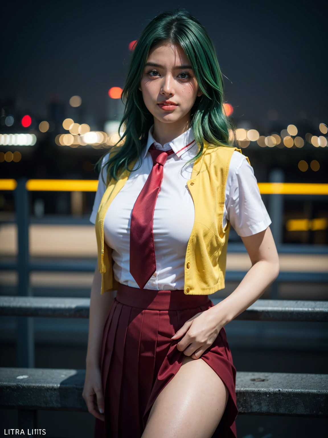 (1 lady), (Best quality at best:1.4), (ultra - detailed), (extremely detailed CG unified 16k), A Beautiful Woman with Perfect Figure: 1.4, Sharp Focus: 1.2, very detailed, High-definition RAW color photo, professional photoshooting, amazing face and eyes, cosmetics, (amazingly beautiful girl), ((Mion Sonozaki)), ((white shirt, red necktie, yellow vest, red skirt)), standing, sexyposture,(Dark and stylish urban landscape, city lights, city lights:1.3), (look from down), realistic cinematic face, head to feet long wide zoomed out view, full body long view, photorealistic, ((realistic natural green hair style, green eyes, long hair)), gorgeous, extremely beautiful face, perfect model beauty, pout mouth, Highly Detailed Face and Skin Texture, Detailed Eyes, Double Eyelids, Big Breasts, Smile, cleavages, western, (masterpiece), best quality, high resolution, extremely detailed, blurred background, depth of field, cinematic lighting, amazing legs, clear and well-cared skin, (((woman occupies most of the picture)))